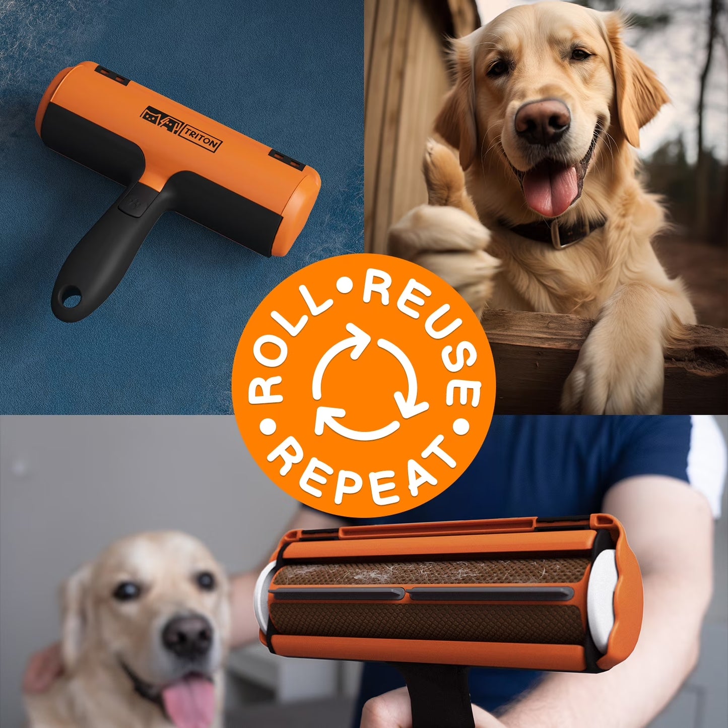 Triton Pet Hair Remover Roller Orange - Reusable Fur Removal Tool for Furniture, Bedding, Clothes, and Car