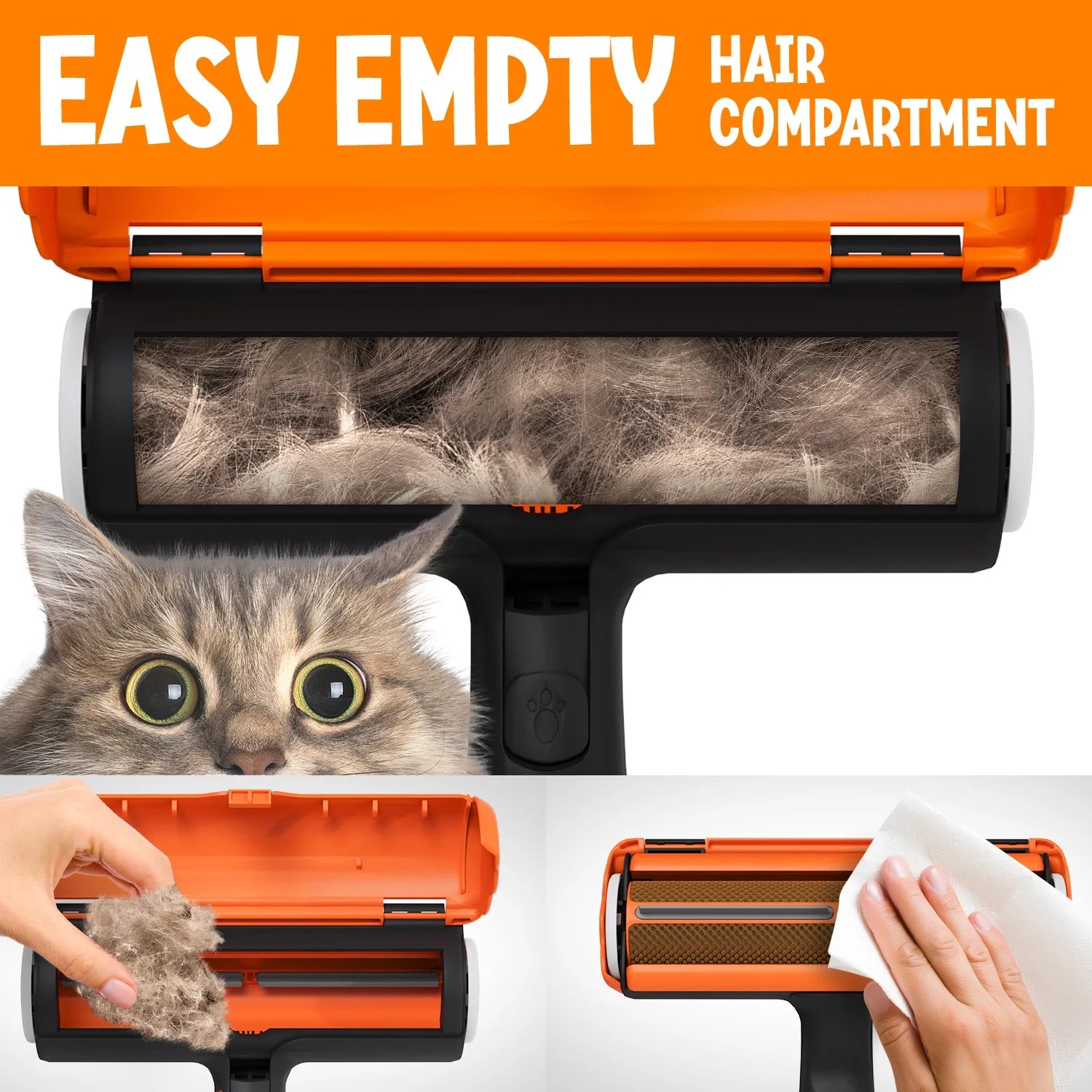 Triton Pet Hair Remover Roller Orange - Reusable Fur Removal Tool for Furniture, Bedding, Clothes, and Car